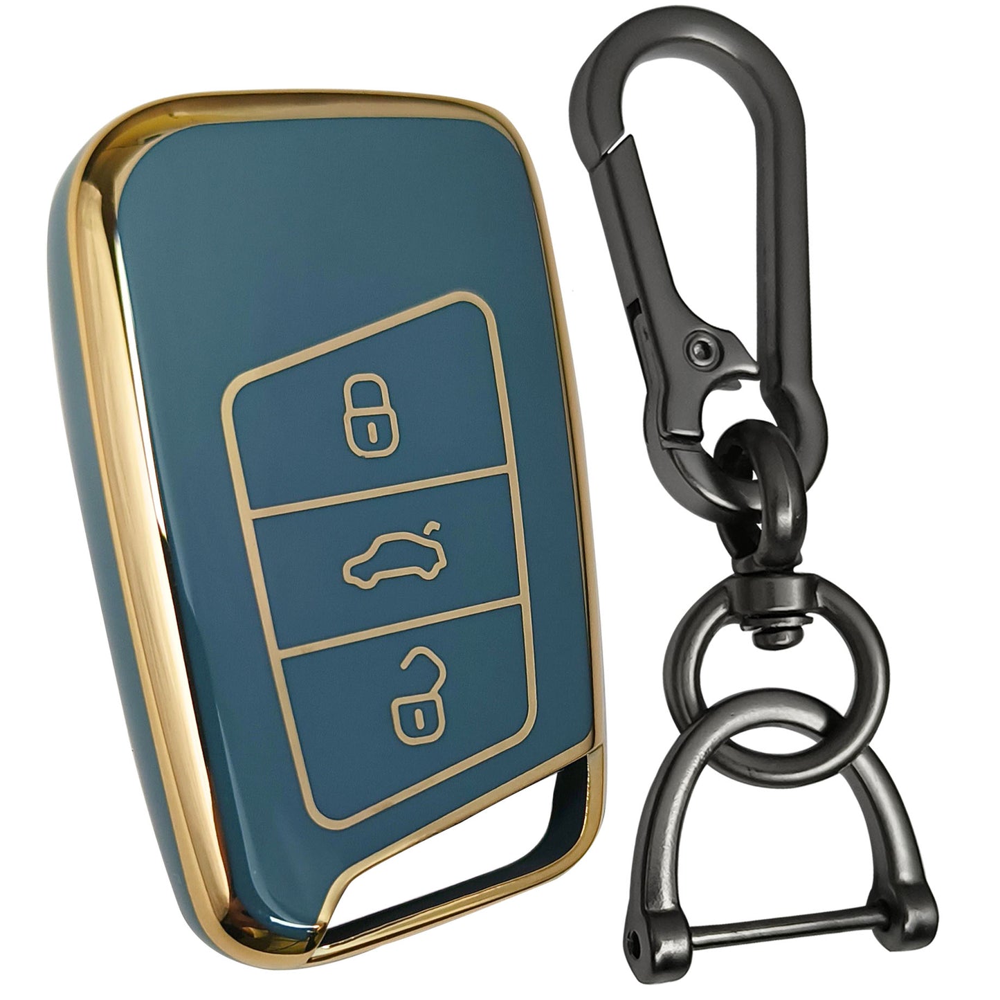 skoda kushaq smart 3 button tpu blue gold key cover keychain