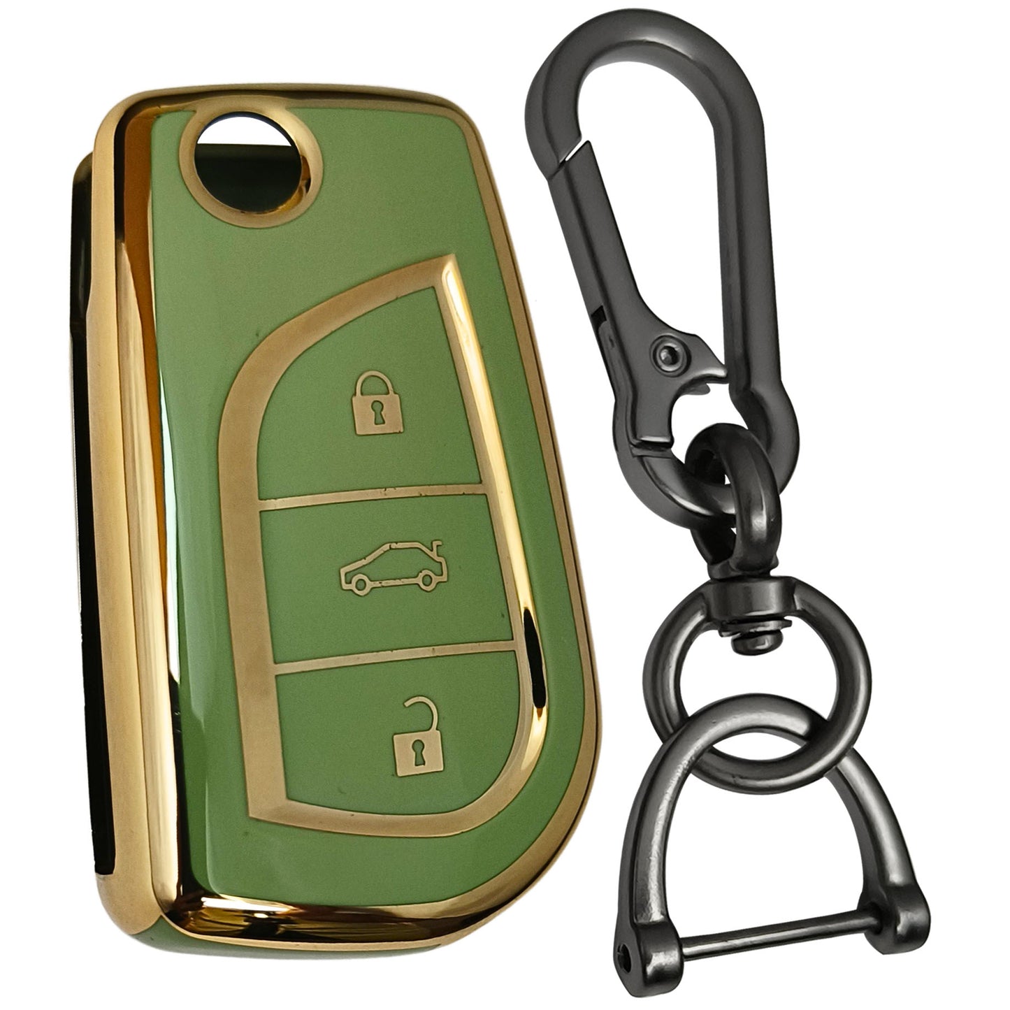 toyota corolla innova crysta 3 button flip tpu green gold key cover case accessories keychain