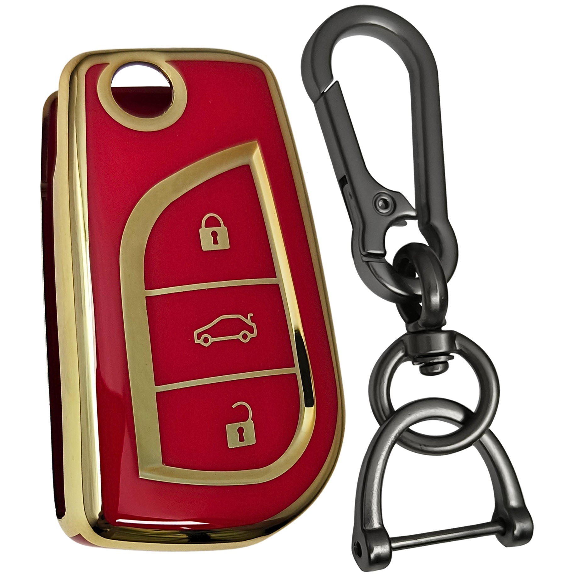 toyota corolla innova crysta 3 button flip leather red gold key cover keychain