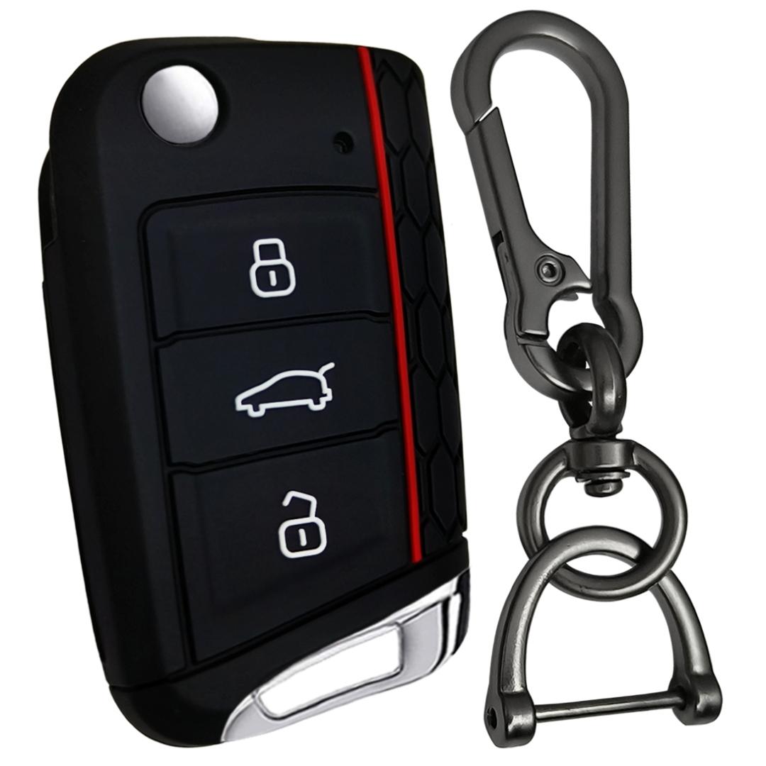 skoda kushaq 3 button flip key cover case accessories silicone with keychain black