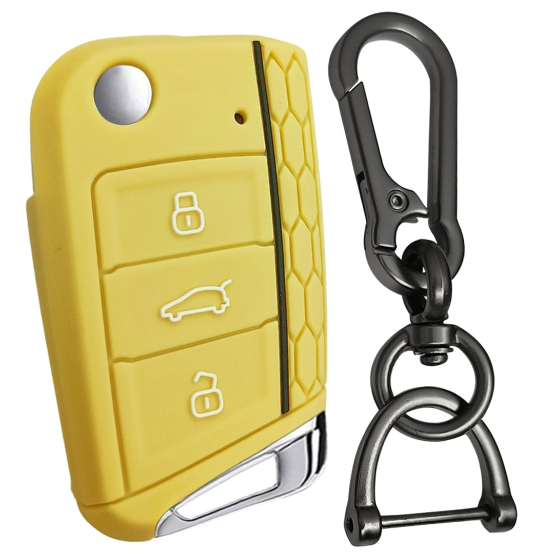 skoda kushaq 3 button flip key cover case accessories silicone beige keychain
