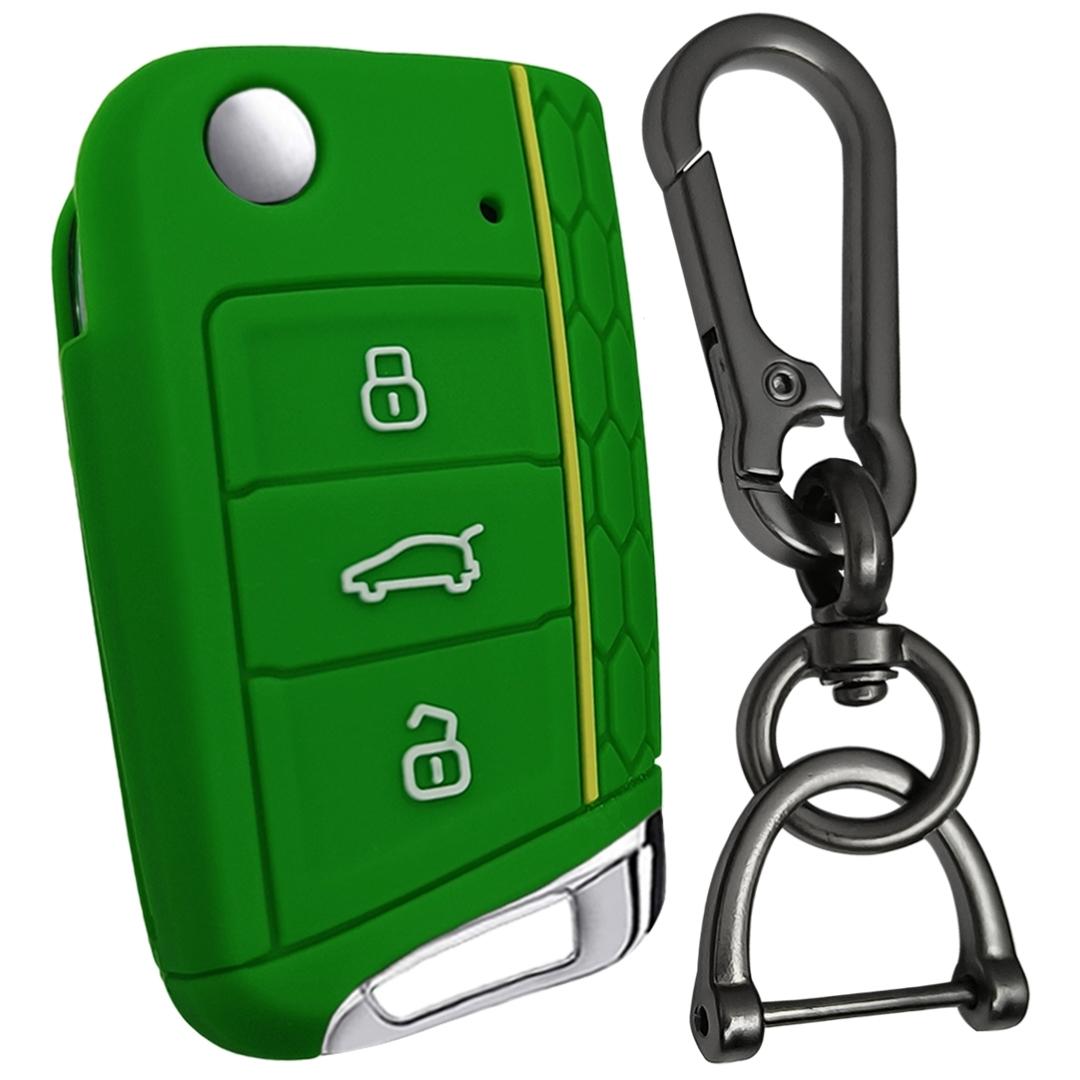 skoda kushaq 3 button flip key cover case accessories silicone green keychain
