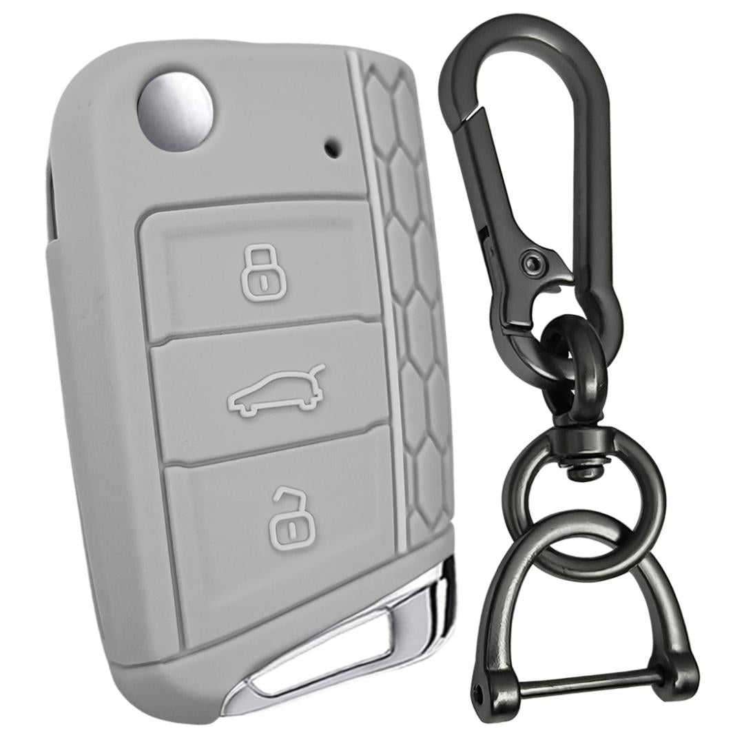 skoda kushaq 3 button flip key cover case accessories silicone with keychain grey