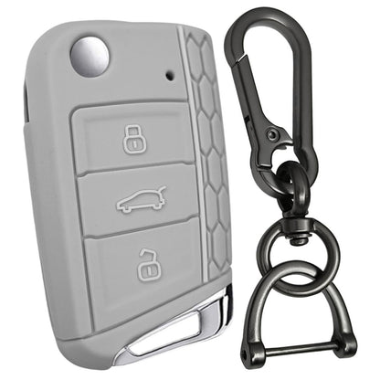 skoda kushaq 3 button flip key cover case accessories silicone grey keychain